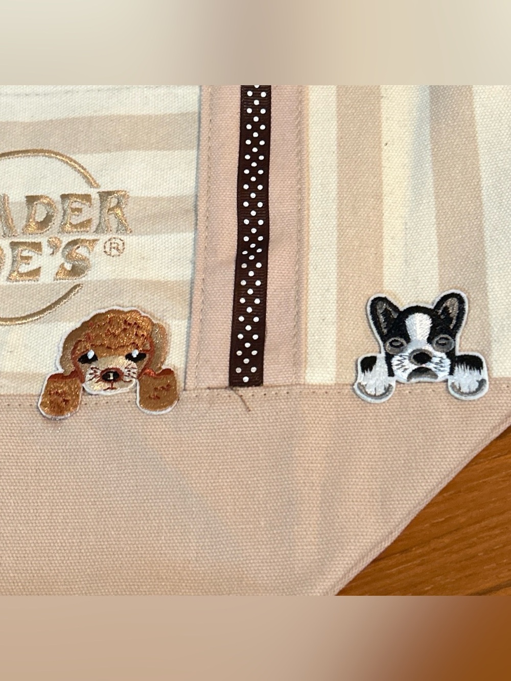 Upcycled Trader Joe's Tan Striped Tote with Dog Patch Accents (3 of 3) - Picture 3 of 5